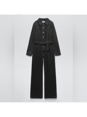 Zara Black Denim Wide-Leg Jumpsuit with Belt